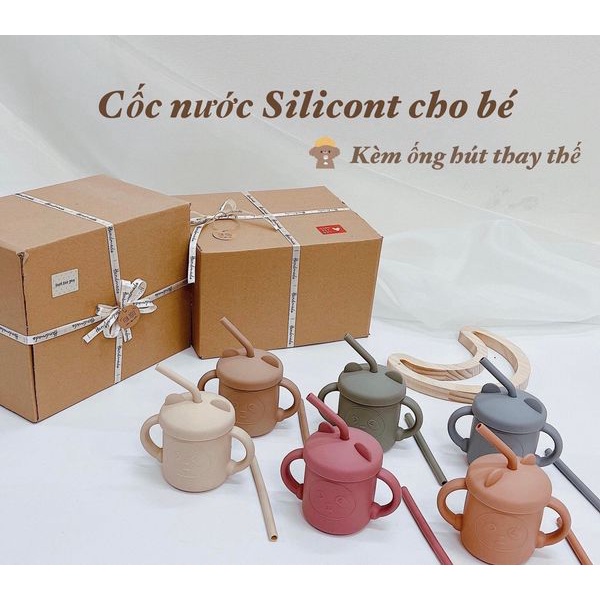 Cốc tập hút silicon hình Gấu dễ thương cho bé kèm ống hút