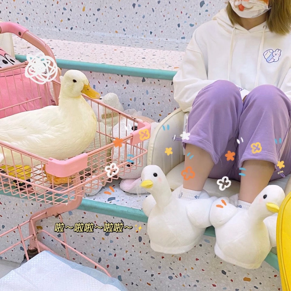 Dép Cotton Phối Lông Xù Dày Dặn Ấm Áp Hình Chú Vịt Con Đáng Yêu