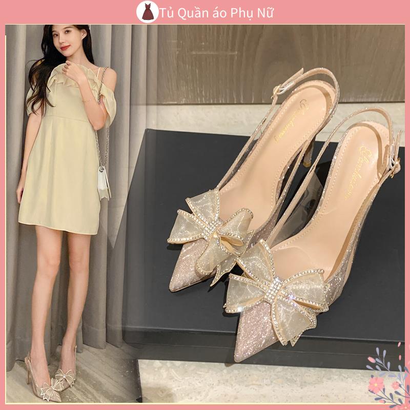Gi y bata n > Sandal Cao Gót Hở Ngón Đính Đá Pha Lê Màu Rượu Champagne Pháp Phù Hợp Với Mùa Hè Dành Cho Bạn Nữ