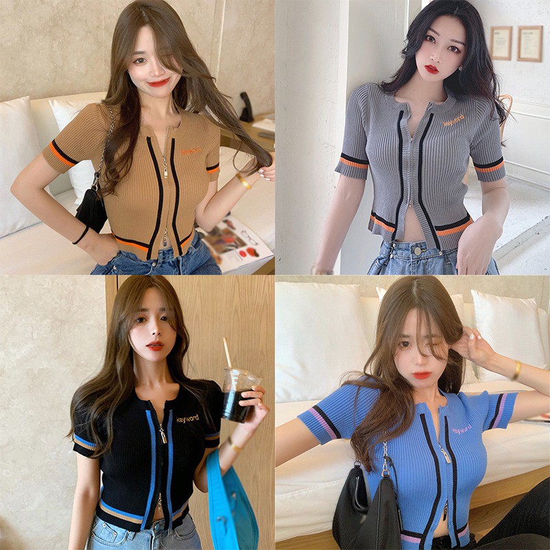 Áo Thun Nữ Dệt Kim Tay Ngắn Cổ Tròn Có Khóa Kéo Hợp Thời Trang áo nữ