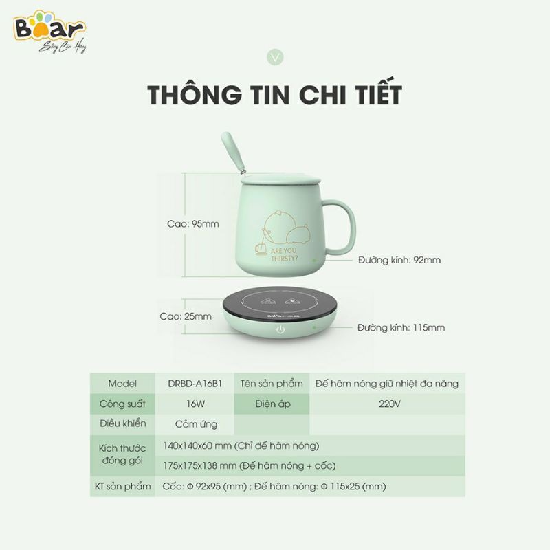 Đế làm nóng đồ uống,Đế Hâm Nóng các vật phẩm, Kèm Cốc Bear DRBD-A16B1, An toàn tuyệt đối, Bảo hành 18 tháng