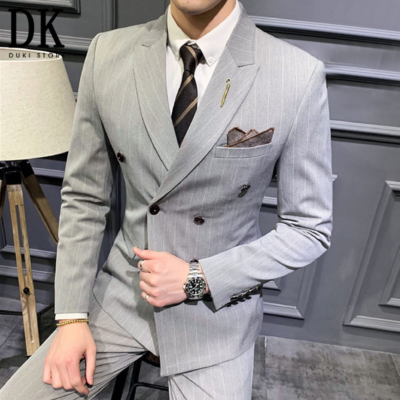 [SALE 50%] Bộ vest nam 6 nút Hàn Quốc sọc kẻ màu ghi đẹp DKE0041 - DUKI STORE