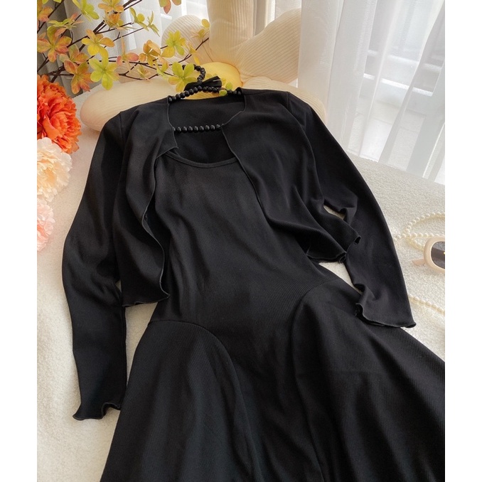 (New arrival) Đầm 2 dây thun gân xoè basic kèm áo khoác cardigan cực sexy và năng động cho bạn nữ mặc dạo phố tiệc tùng