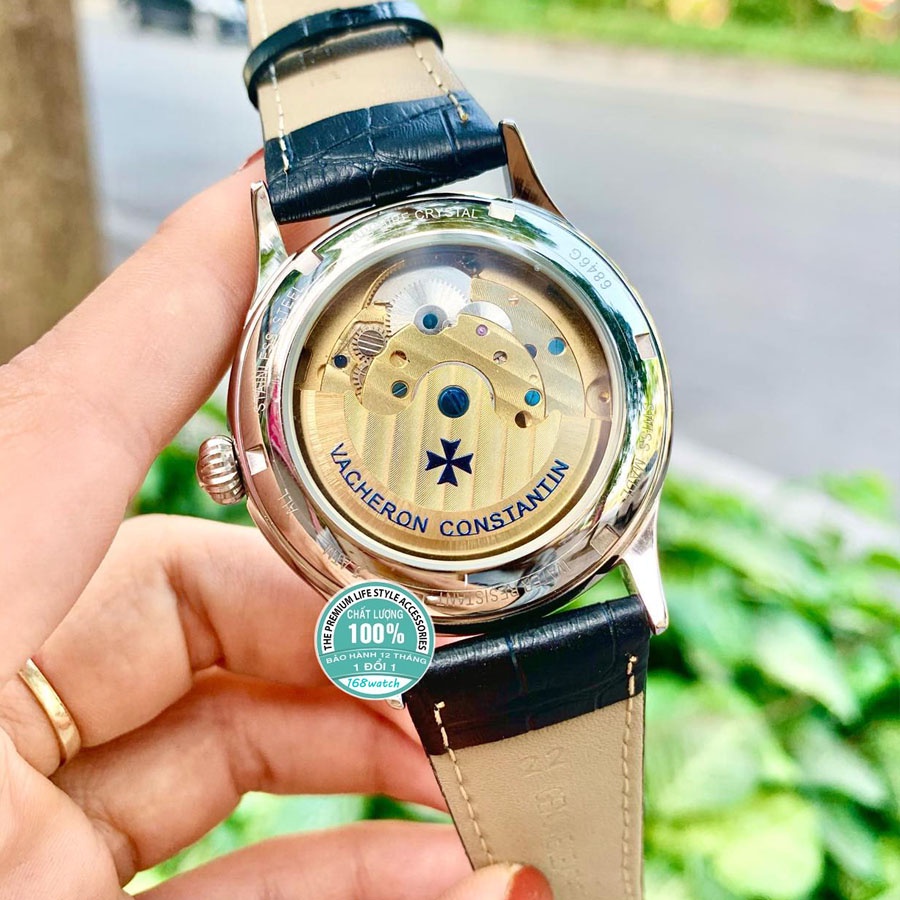 Đồng hồ Nam đồng hồ cơ máy nhật, mẫu 5 kim lộ cơ cánh khế mặt đen viền vàng size 40mm