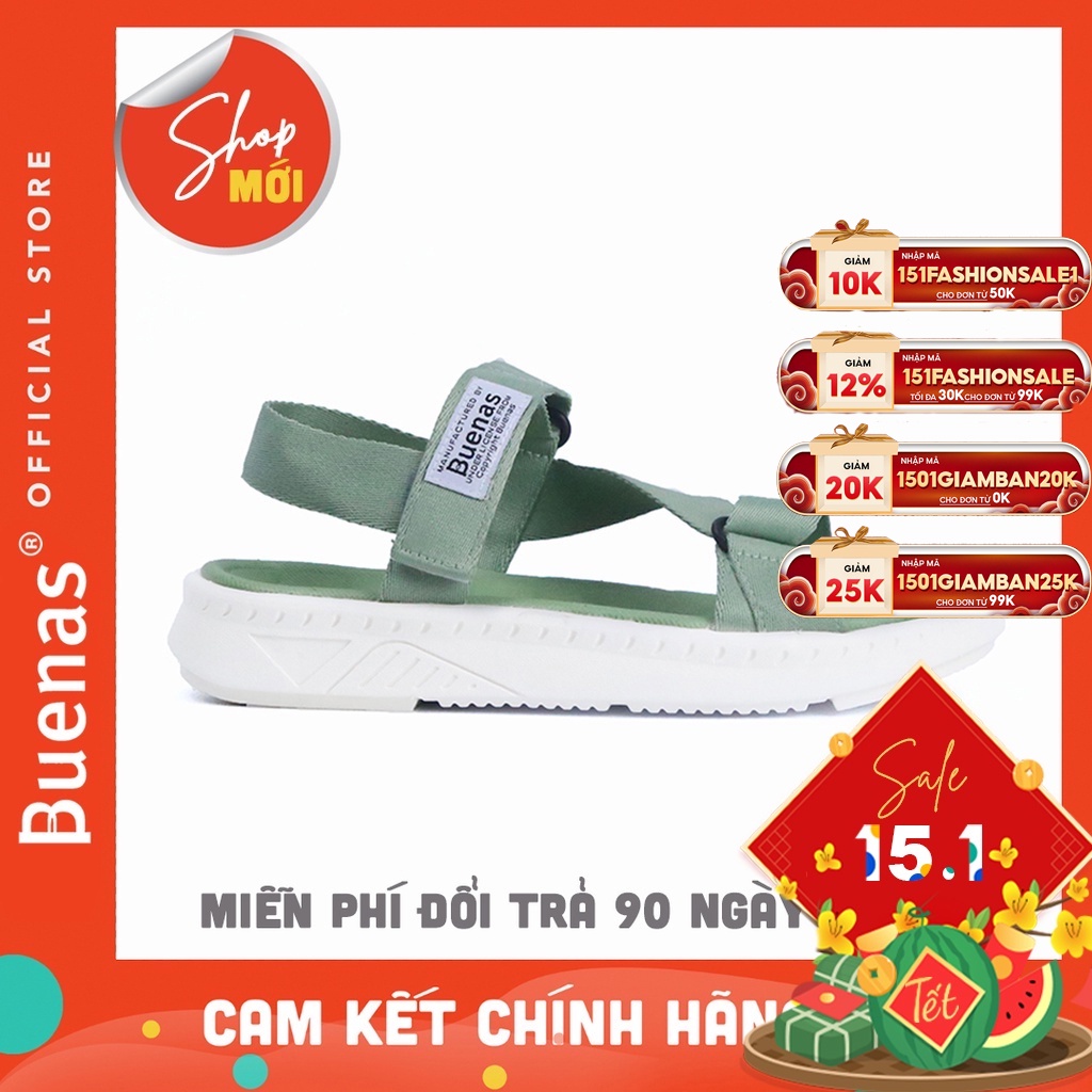 Sandal nữ nam đi học quai chéo đẹp thương hiệu Buenas S6 xanh lá chính hãng giày dép quai hậu nữ học sinh đế cao 3 phân