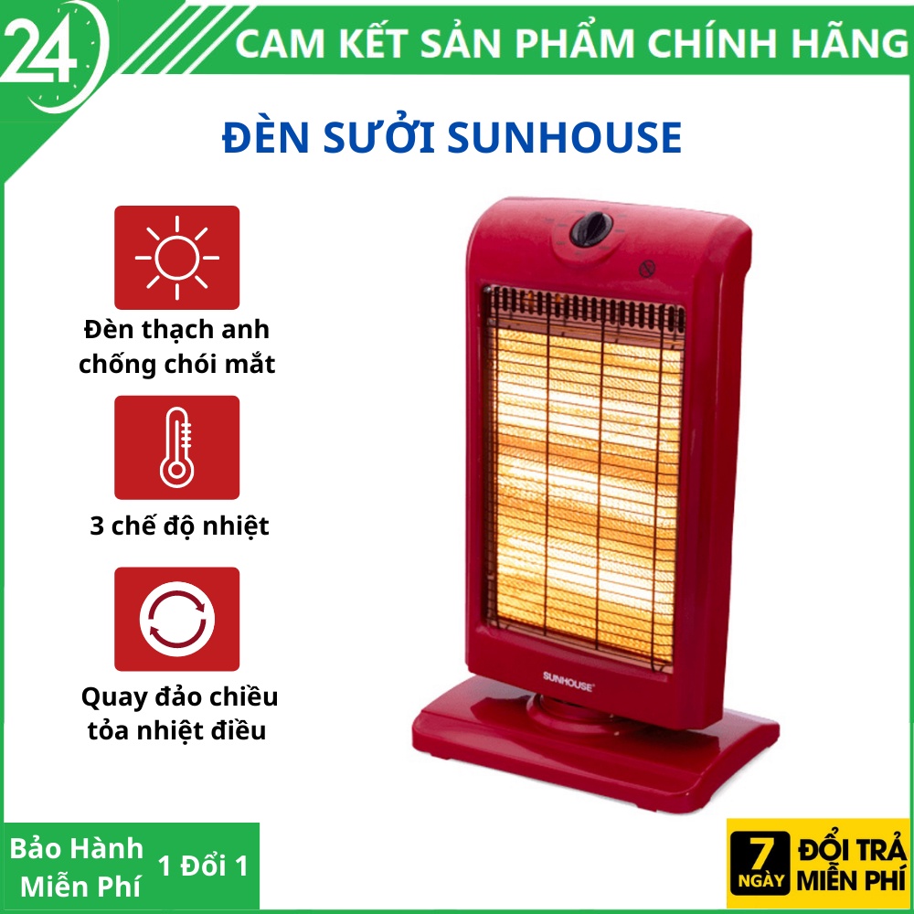 Đèn Sưởi Sunhouse HALOGEN 3 bóng - Sưởi Ấm Phòng Ngủ, Quạt Sưởi Ấm 1000W - Hàng Chính Hãng