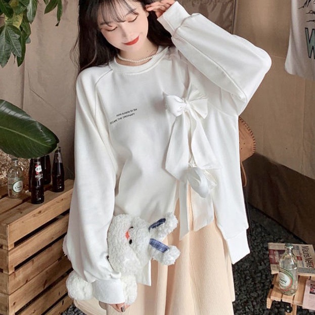 Áo Hoodie Dáng Rộng In Chữ Phối Nơ Xẻ Tà Kiểu Hàn Quốc Dễ Thương Cho Nữ