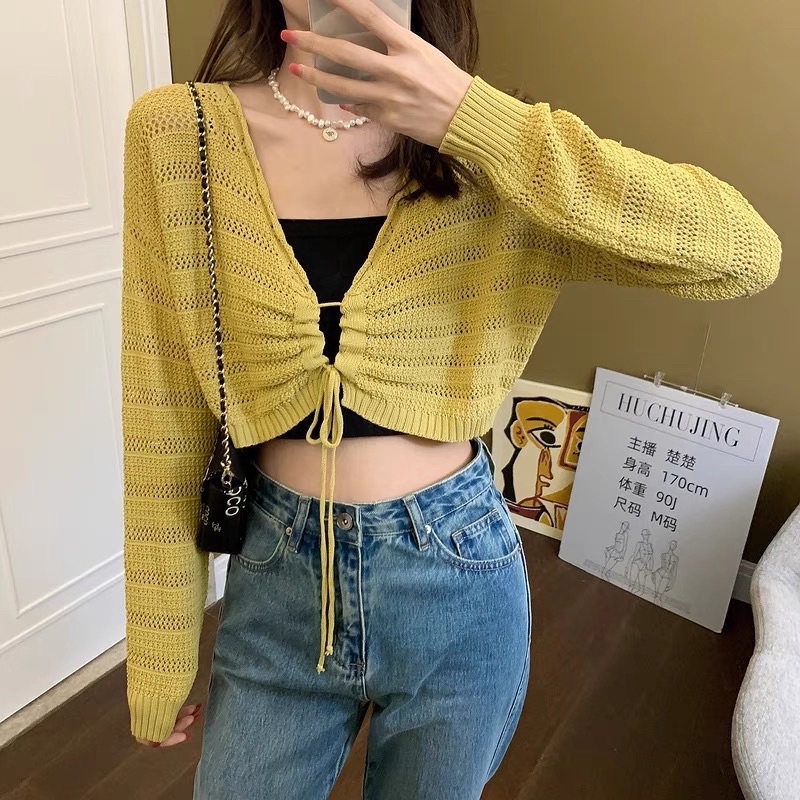 áo len tay dài rút dây giữa sexy (5835#)