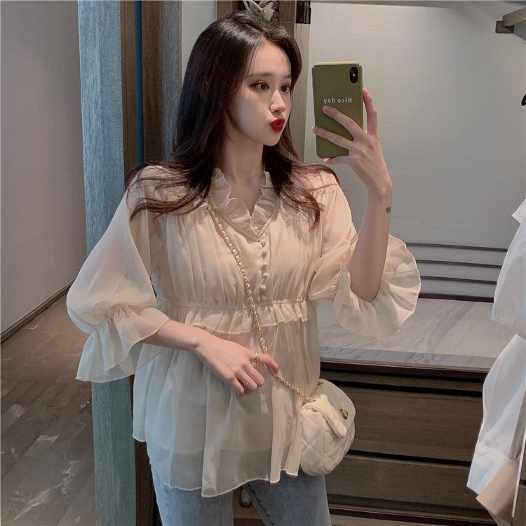 Áo Voan Dài Tay Với Thiết Kế Cổ Chữ V Xinh Xắn Dành Cho Nữ