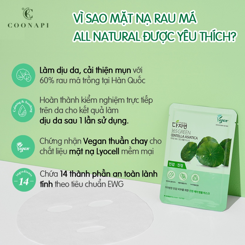 Mặt Nạ Rau Má Dưỡng Da Hàng Ngày, Làm Dịu Da Cải Thiện Mụn &amp; Thâm Mụn All Natural 365 Green Centella Asiatica Sheet Mask