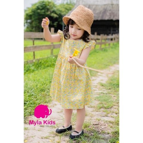 Đầm bé gái họa tiết hoa nhí màu vàng tay cánh tiên  Mylakids chất liệu thô cotton an toàn cho da bé