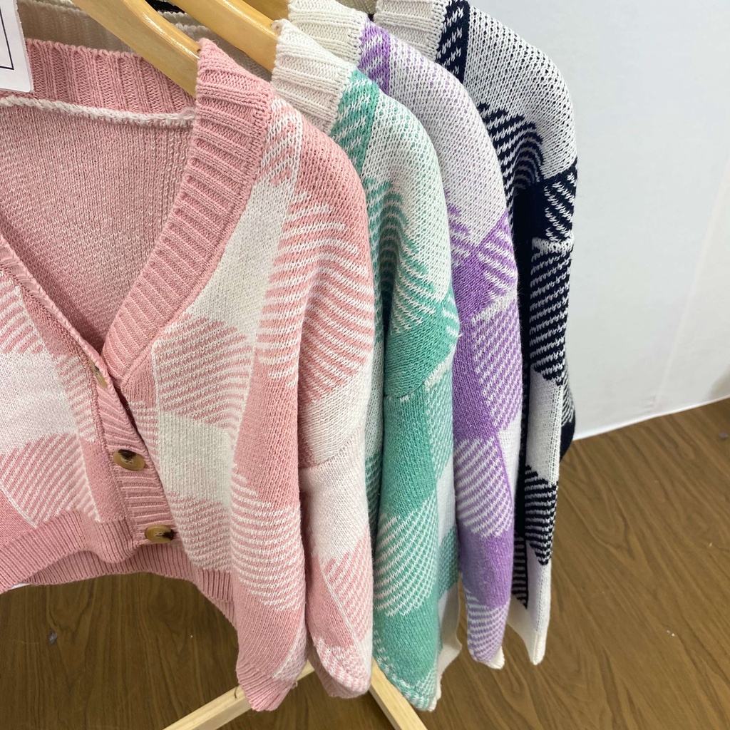 MS834 Áo khoác len kẻ caro viền trắng dáng vừa