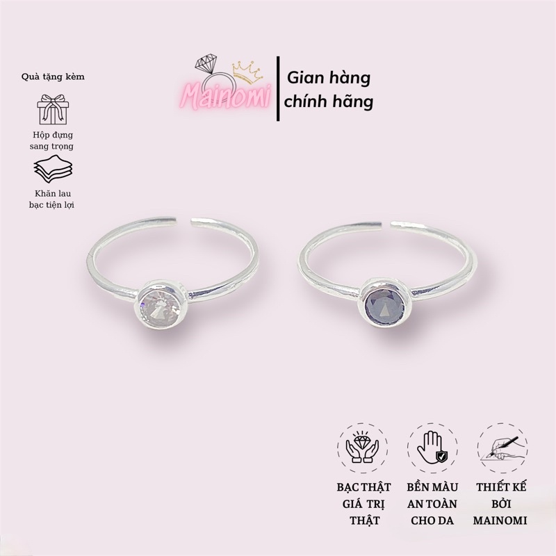 Nhẫn basic trơn đá tròn bạc ta MAINOMI mã kèm quà tặng 2 màu đen trắng dáng freesize