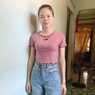 Áo croptop tim thêu vải thun gân siêu xinh