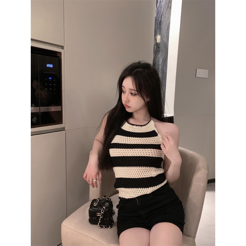 Cocory vn Áo Hai Dây Dệt Kim Dáng Ôm Kẻ Sọc Quyến Rũ Thời Trang Mùa Hè Cho Nữ