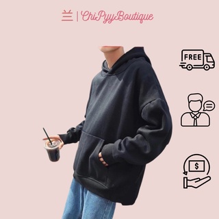 Hoddie nỉ bông tay dài đen trơn unisex - Áo khoác nỉ chui đầu đen basic có nón form rộng trơn basic