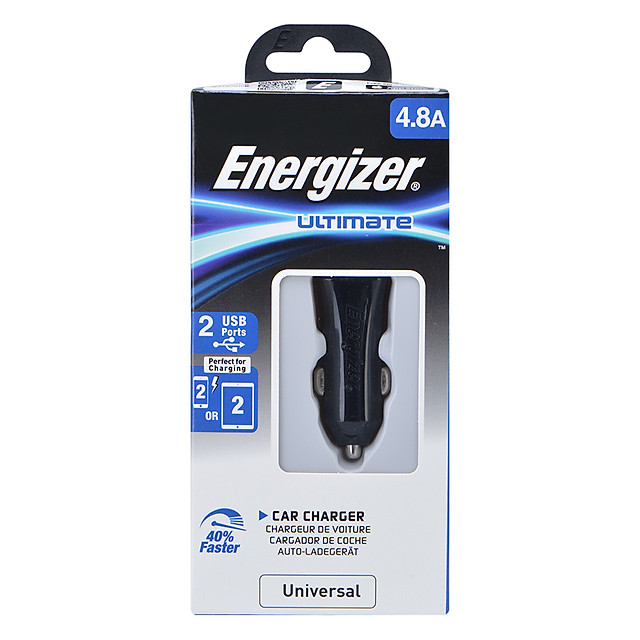 Adapter Sạc Ô Tô 2 Cổng USB Energizer UL 4.8A DCA2DUBK3 - Đen - Hàng Chính Hãng