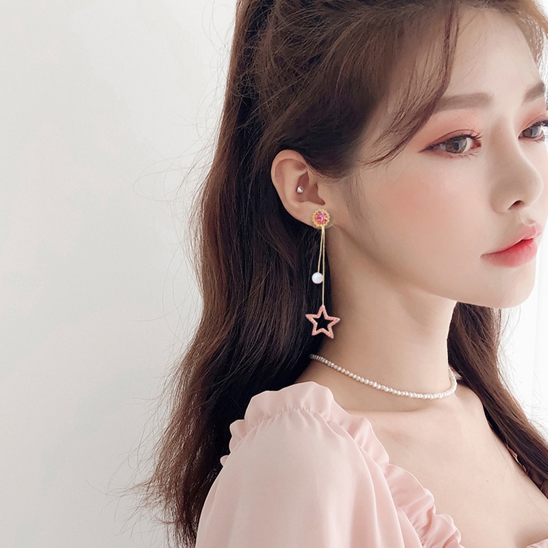 Khuyên tai XIAOBOACC dáng dài tua rua mạ bạc S925 thiết kế trái tim/ ngôi sao thời trang dành cho nữ