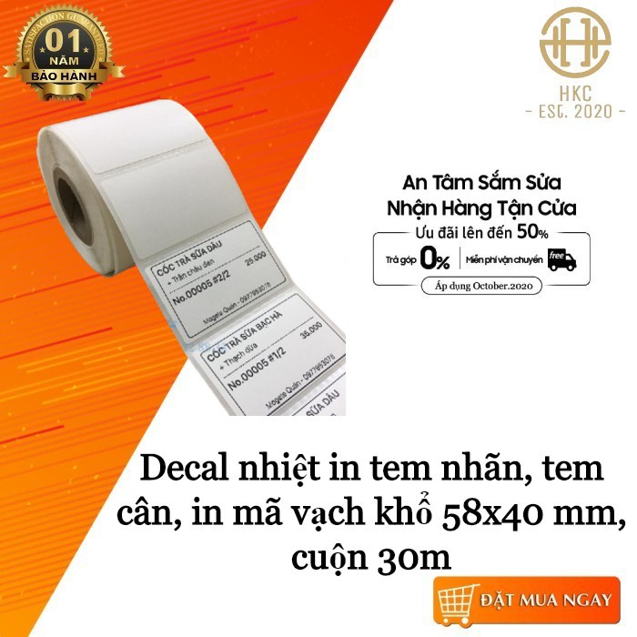 Tem nhiệt in mã vạch, cân điện tử siêu thị, trà sữa, in nhãn 1 tem/hàng khổ 58x40mm