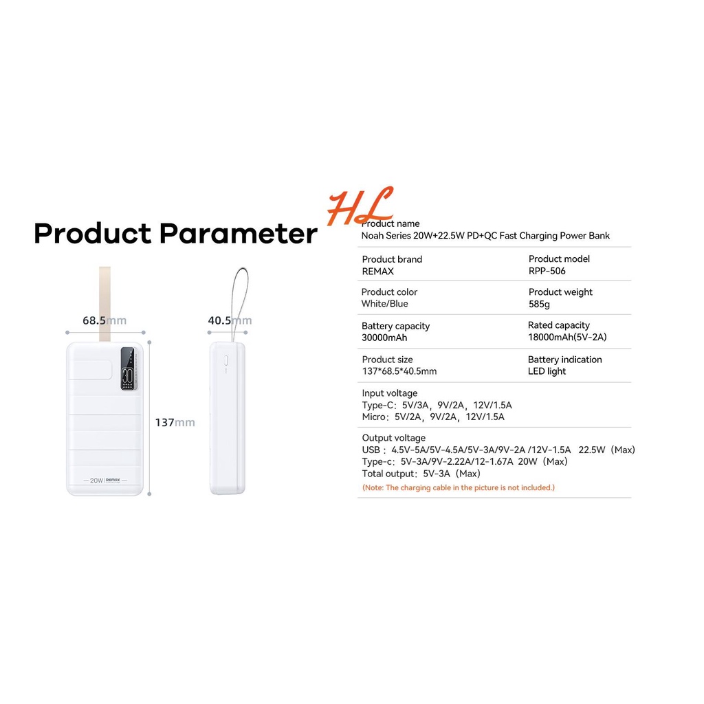 Pin Dự Phòng Remax RPP-506 30000mAh - Sạc Nhanh QC 22.5W, PD 20W, VOOC 2.0 - BH 12 Tháng - Hunglongpc