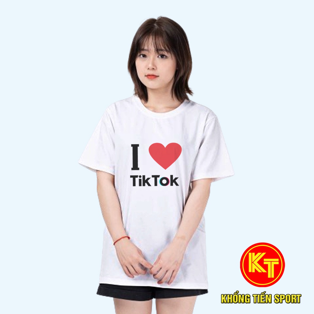 Áo Thun Unisex Form Rộng Tay Lỡ Không Cổ Màu Trắng In Logo Tiktok Màu Hồng
