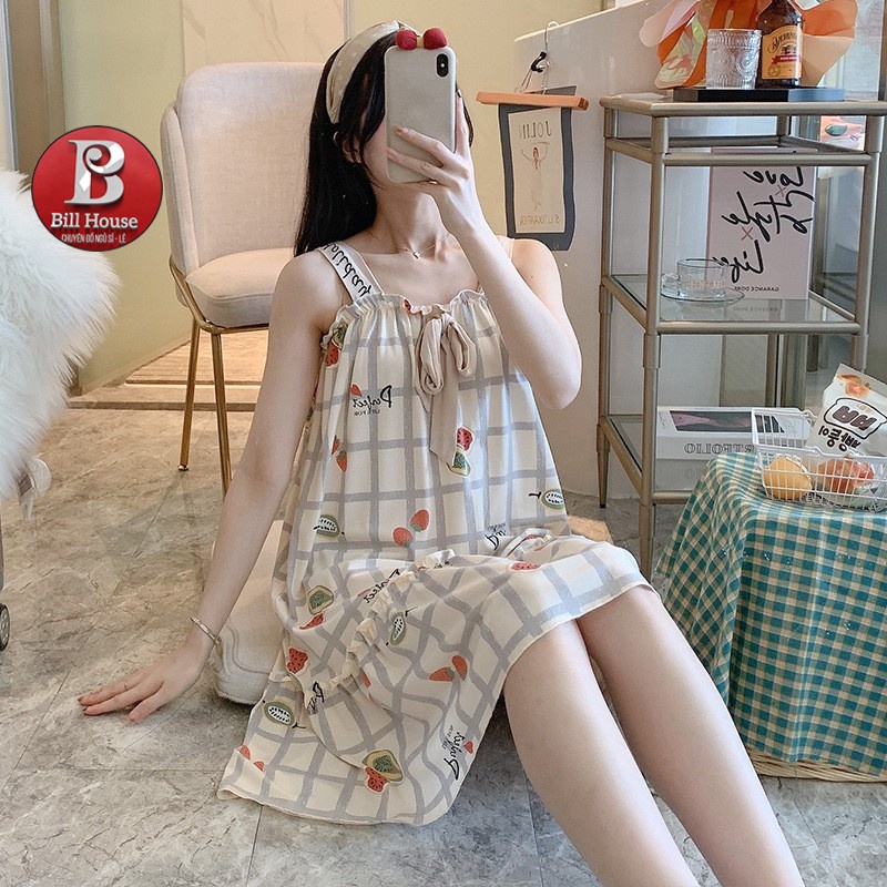 Váy Ngủ Hai Dây Dáng Suông Qua Gối, Đầm Ngủ Thun Cotton Phối Nơ VN03 - SIÊU HOT