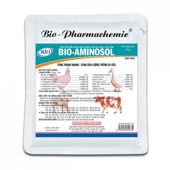Bio Aminosol 100g vỗ béo, tăng trọng nhanh, tăng trứng trên gà, vịt, heo