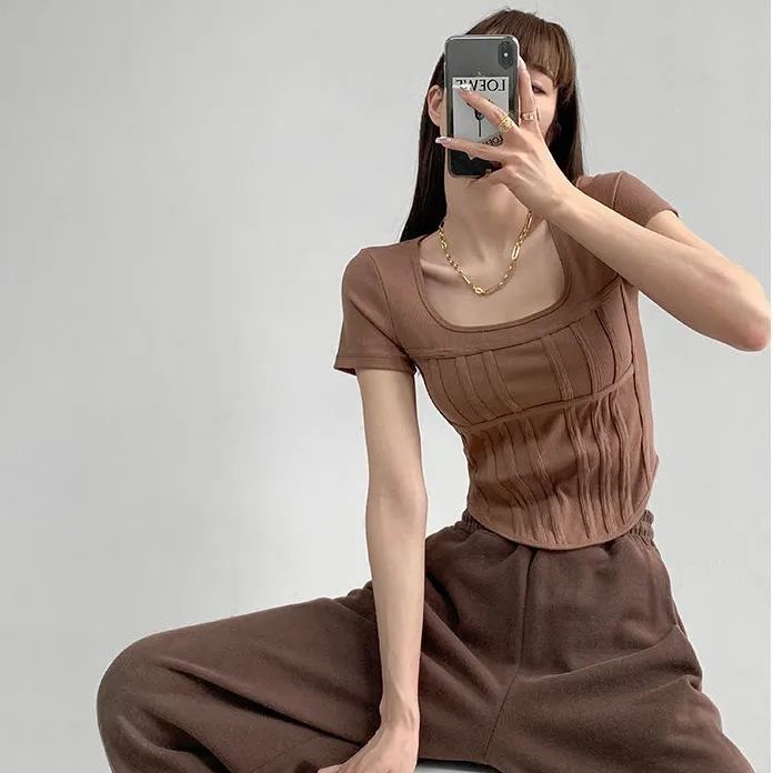 Áo Croptop Dệt Kim Cổ Vuông Thời Trang Mùa Hè Quyến Rũ Cho Nữ