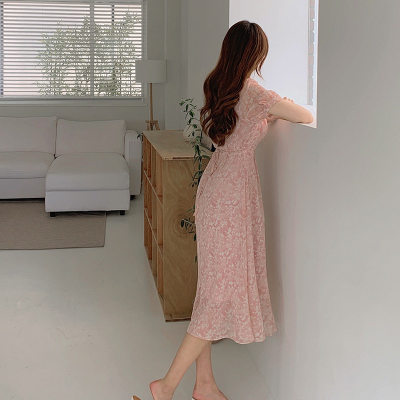 Đầm voan hoa cổ chữ v thời trang Hàn Quốc thanh lịch cho nữ