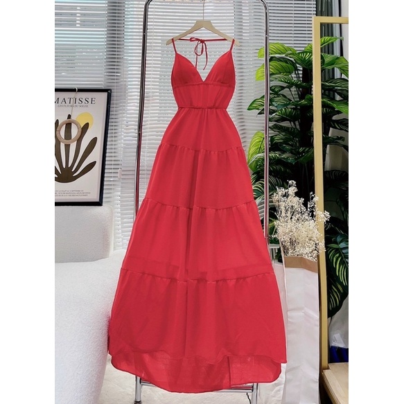 Đầm maxi đũi 2 dây hở lưng / Đỏ / Maxi đi biển, đi chơi
