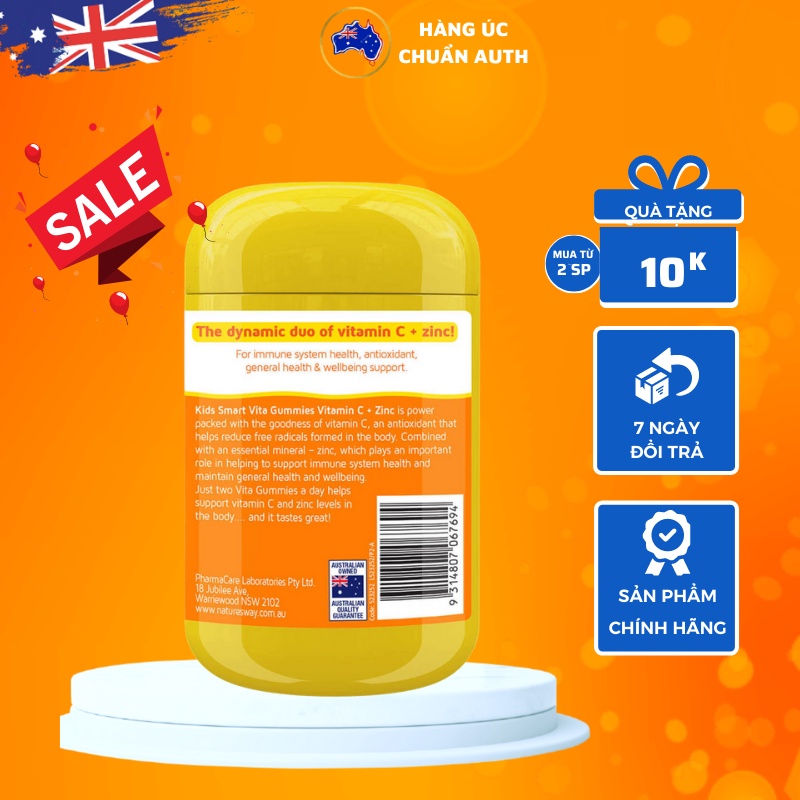 Kẹo dẻo Bổ sung Vitamin C và Kẽm cho bé của Úc Nature's Way Kids Smart Vita Gummies Vitamin C + Zinc 60 Viên
