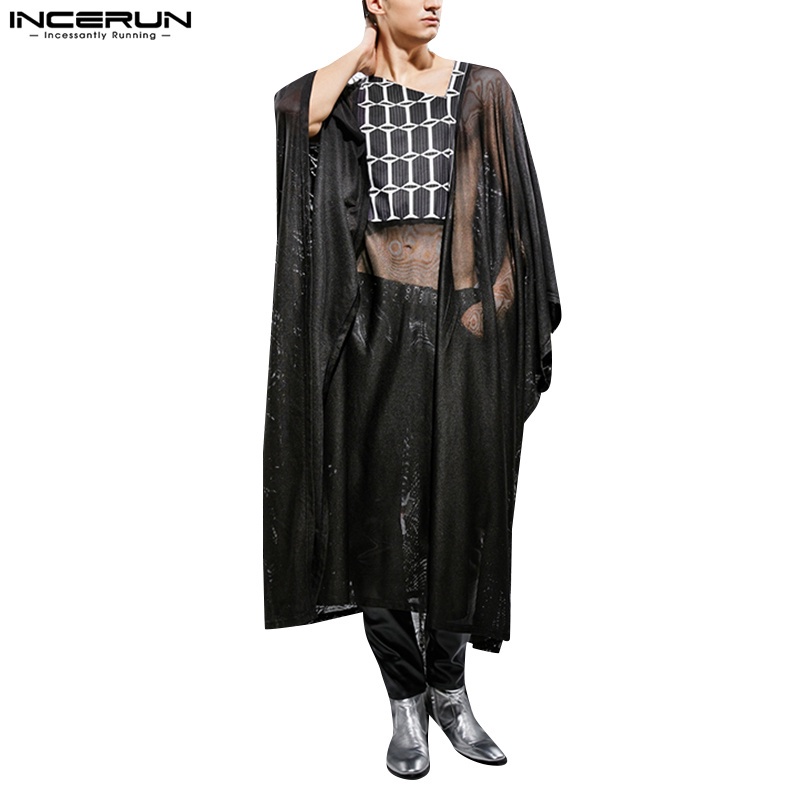 INCERUN Áo Choàng Kaftan Dài Dáng Rộng Tay Ngắn Trong Suốt Cho Nam Giới