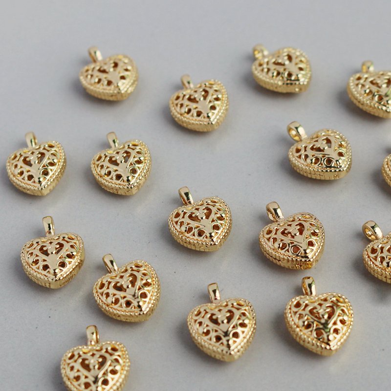 Mặt Dây Chuyền Hình Trái Tim Hai Mặt Bằng Đồng 14K Màu Vàng Đồng 10 * 14mm diy