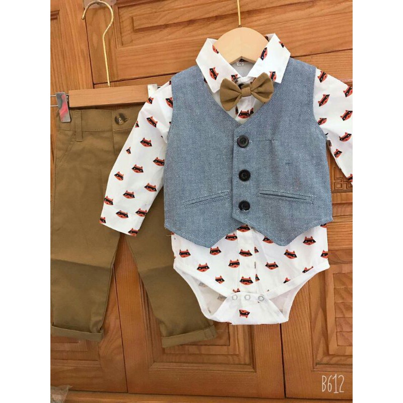 Set vest công tử Mialy Kids (4-15Kg) gile xám quần vàng cho bé trai đi tiệc, mặc thôi nôi, chụp hình - Vải mềm mại cho b