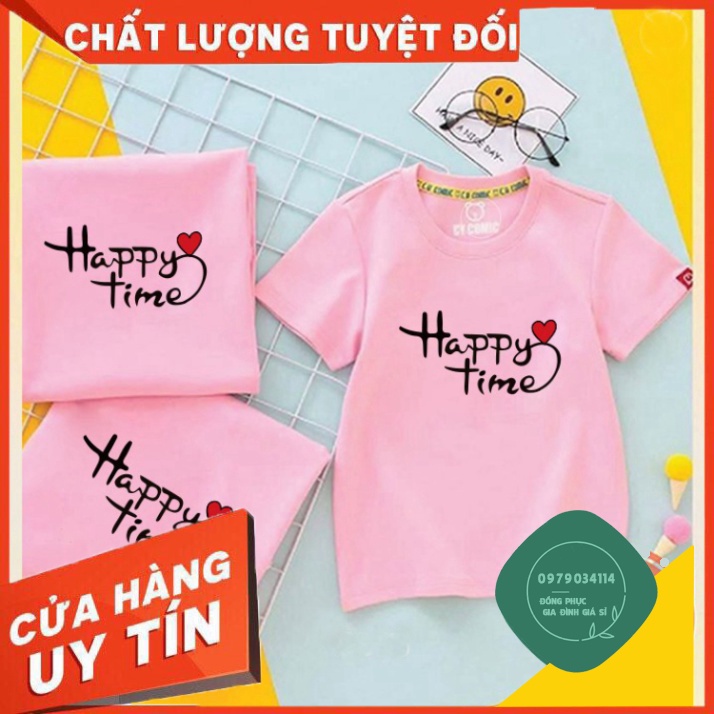 Áo gia đình Happy time Đồng phục gia đình 3/4/5 người đi biển giá rẻ Thun cotton 4 chiều GD0040 Áo thun giá sỉ