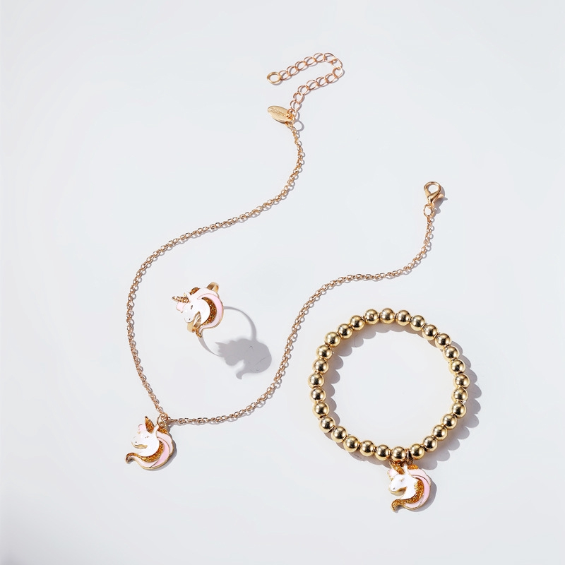 New Cartoon Unicorn Multicolor Necklace Bracelet Ring Women 's Jewelry