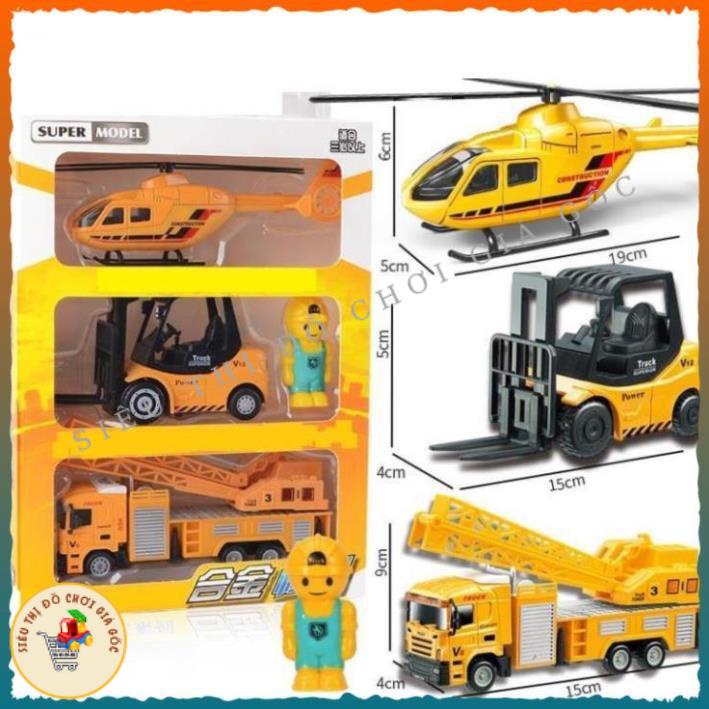 Đồ chơi Bộ sưu tập 3 xe ô tô công trường, xe cẩu, xe bom, xe tải, máy bay, xe bồn bê tông