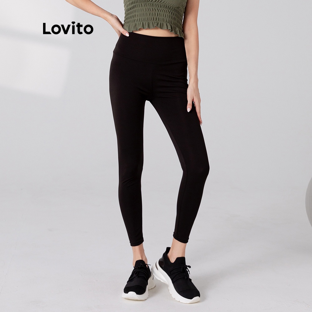 Quần Legging Lovito Phong Cách Thể Thao Nhanh Khô Màu Trơn Thắt Nơ Lưng L05227 (Đen) | BigBuy360 - bigbuy360.vn
