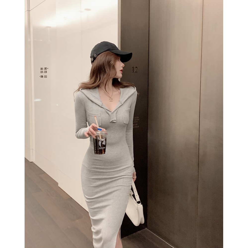 Váy body nữ dài tay có mũ trùm đầu thiết kế ôm sát phong cách gợi cảm khí chất hàng Quảng Châu thu đông