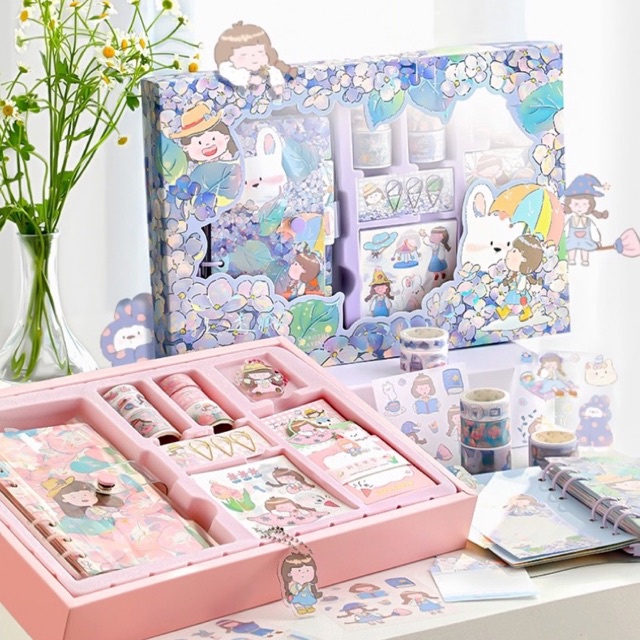 Set hộp quà tặng dễ thương kèm sổ tay sticker, washi, giấy note và móc khoá xinh