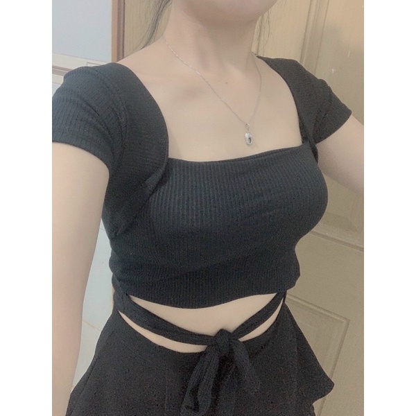 Áo croptop nữ kiểu cột dây eo (có mút lót ngực) chất vải thun gân len 4 chiều
