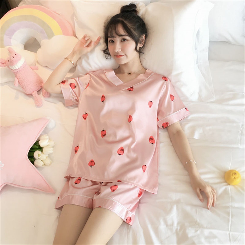 Đồ bộ nữ pijama lụa cộc tay ngủ mặc nhà cổ V cute hoạt hình họa tiết dễ thương | BigBuy360 - bigbuy360.vn