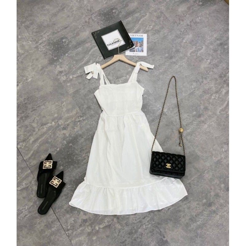 Đầm Váy Trắng Dáng Dài Cộc Tay Cổ Vuông Tay Nơ Mặc Dự Tiệc Đi Du Lịch Full Size S M L | BigBuy360 - bigbuy360.vn