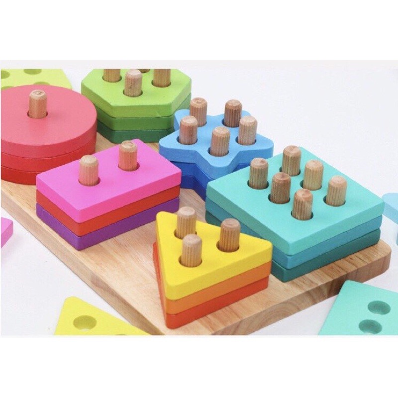 [Mẫu Mới] Đồ Chơi Gỗ Montessori Bộ Thả Cọc 6 Hình Khối Màu Sắc Cho Bé Phát Triển Trí Tuệ
