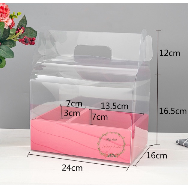 HỘP MICA TRONG SUỐT 2 NGĂN CÓ QUAI XÁCH & RUY BĂNG - đựng bánh và hoa