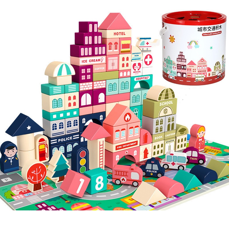 Bộ Đồ Chơi Lắp Ghép Thành Phố Bằng Gỗ Urban Traffic Building Blocks (100 miếng ghép)