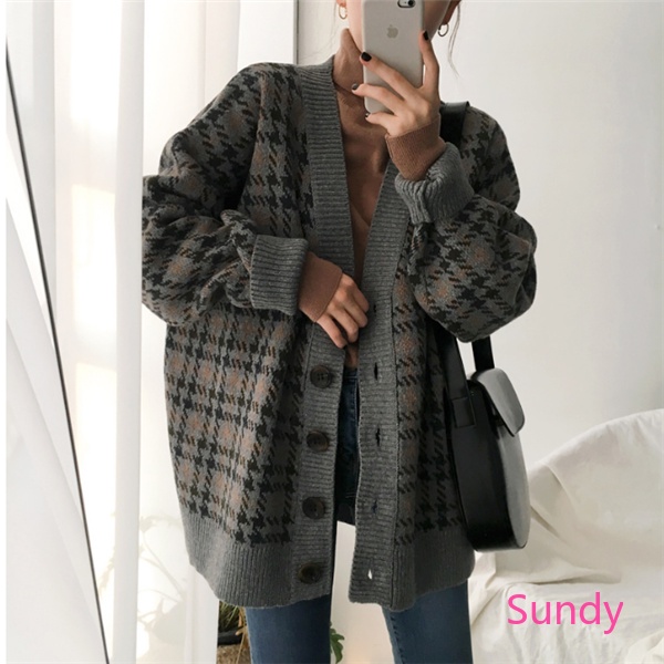 Áo khoác sweater dệt kim cổ chữ V phong cách Hàn Quốc retro cho nữ