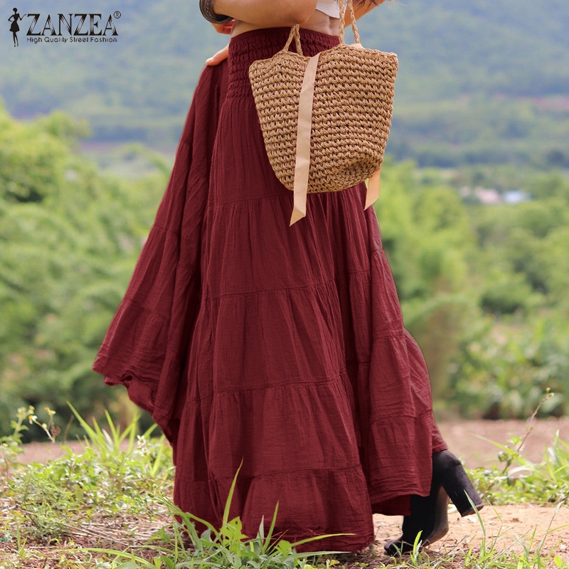 Chân váy maxi ZANZEA tà xòe rộng eo co giãn màu trơn thời trang retro cho nữ