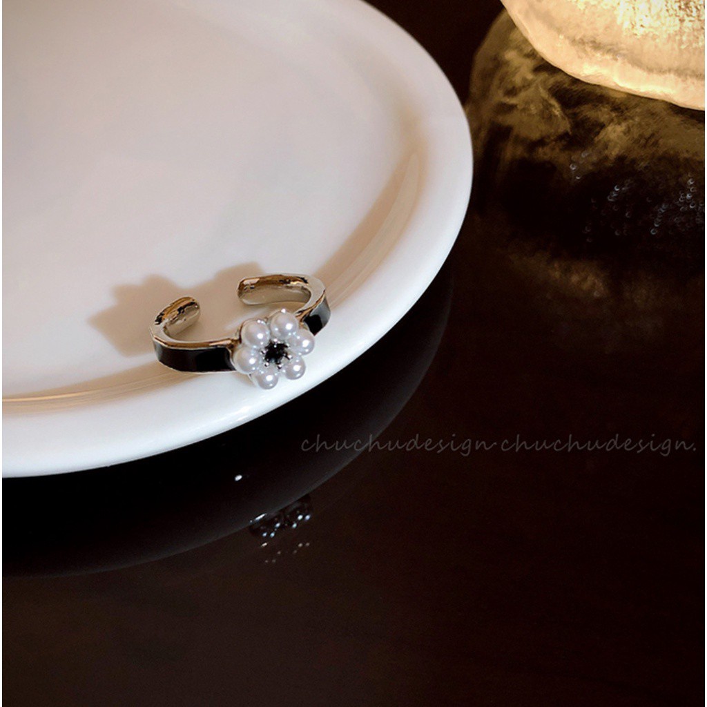 Nhẫn Hở Đính Ngọc Trai Trắng Đen Phong Cách Hàn Quốc 19854 Sang Trọng