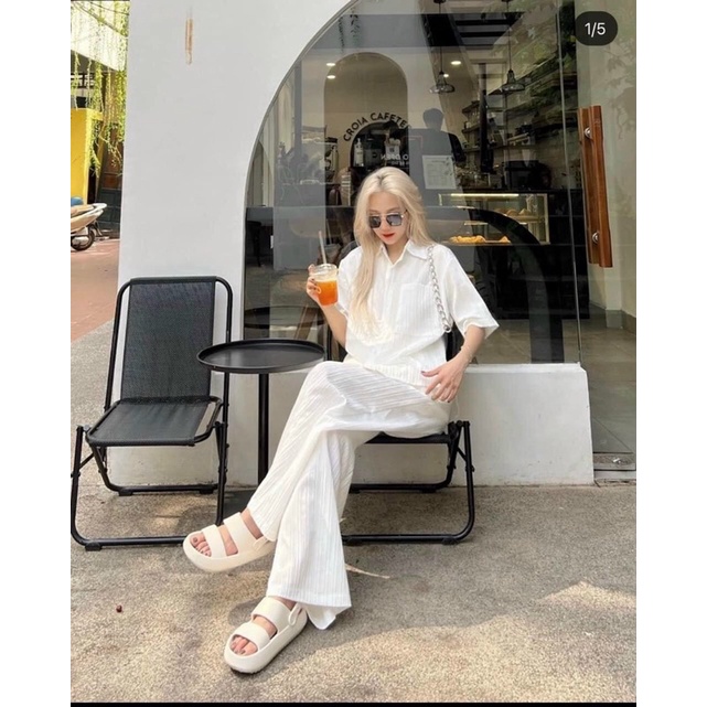 [HÀNG QUẢNG CHÂU LOẠI 1]Set Bộ Đồ Nữ Áo Sơ Mi Đũi Gân Ngắn Tay Mix Quần Culottes Ống Rộng Cạp Chun Freesize Form Rộng